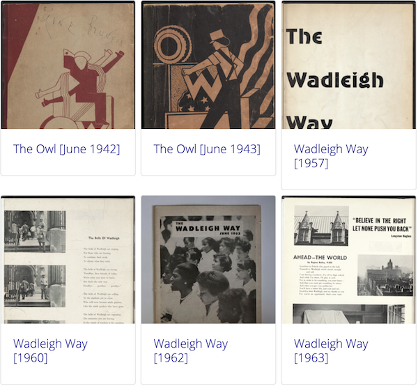 Cover pages of Wadleigh yearbooks from the 1940s through the 1960s