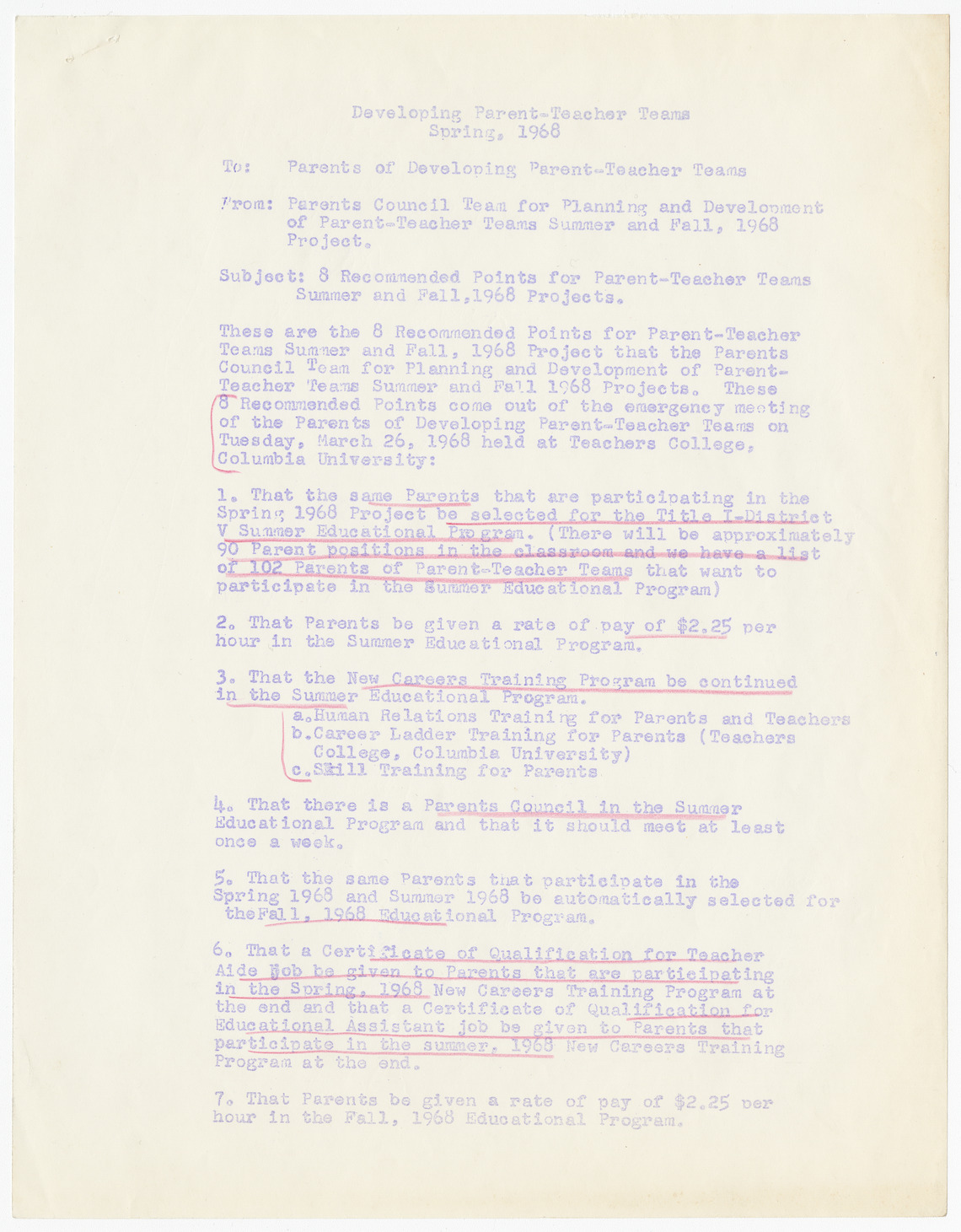Developing Parent-Teacher Teams, Spring 1968