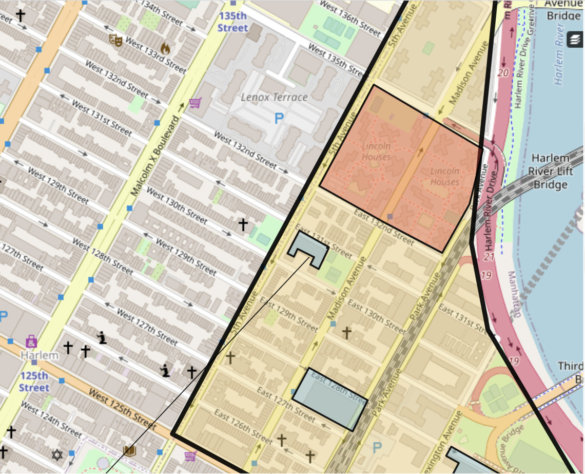 Map identifying  PS 133 in East Harlem