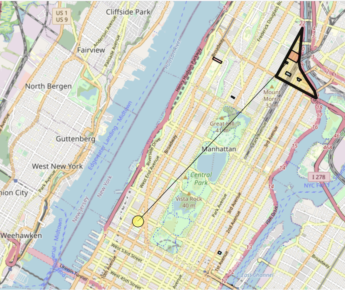 Map identifying IS 201 Demonstration District and Lincoln Center for the Arts